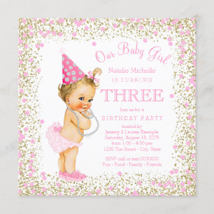 Invitación Cumpleaños de niñas de 3 años con brillo rosa y do