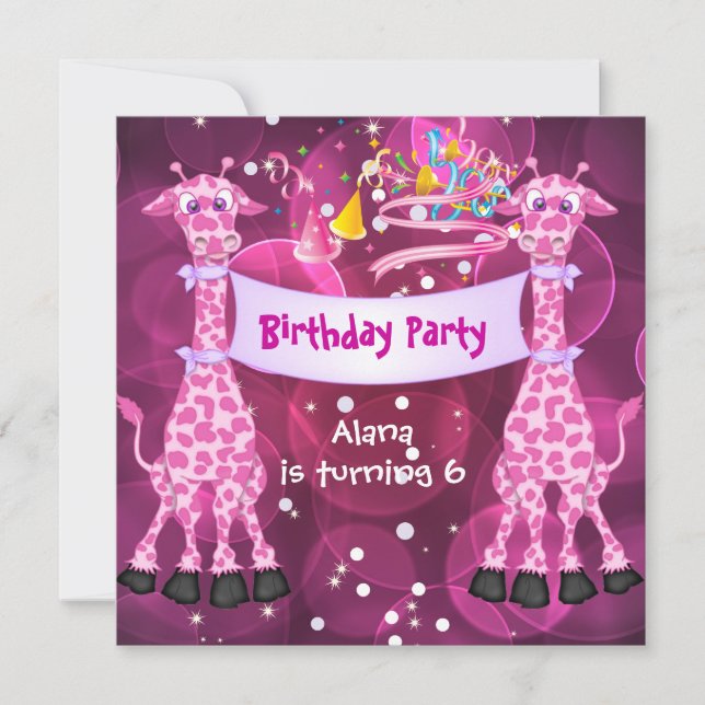 Invitación Cumpleaños de niñas de 6 años Fiesta de jirafa ros (Anverso)