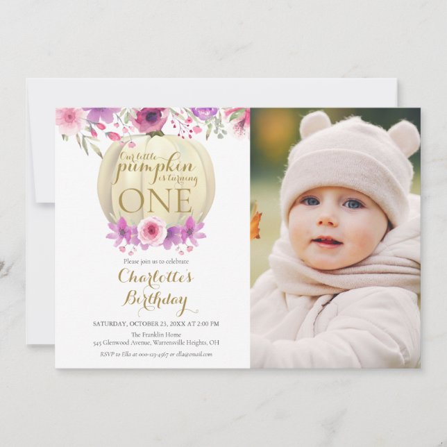 Invitación Cumpleaños de Niñas de Calabacita Floral Foto 1er (Anverso)