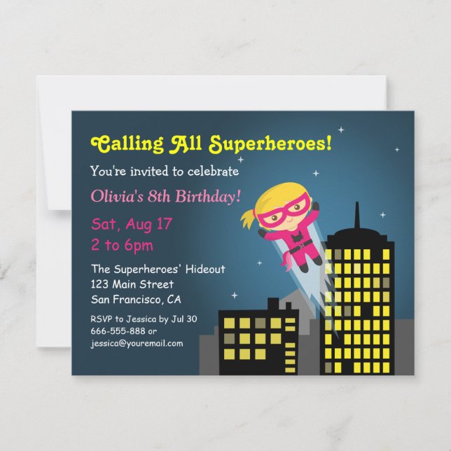 Invitación Cumpleaños de Niñas de la Superheroína Voladora Li (Anverso)