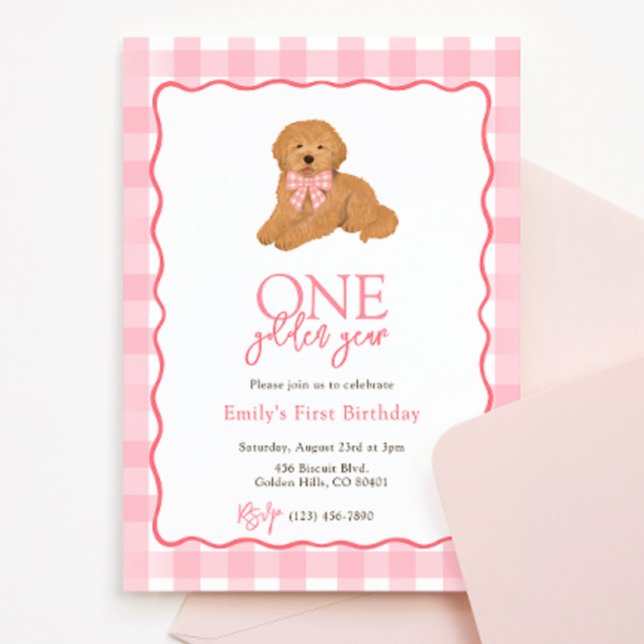 Invitación Cumpleaños de niñas de un año dorado de perro Gold (Subido por el creador)