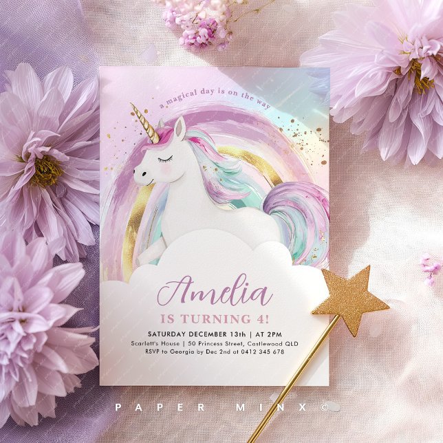 Invitación Cumpleaños de niñas del arcoíris pastel de unicorn (Girl's Unicorn Pastel Rainbow Birthday Invitation)