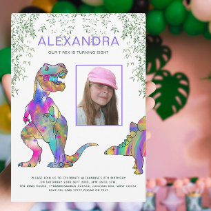 Invitación Cumpleaños de niñas Dinosaurio T-Rex Morado Fiesta