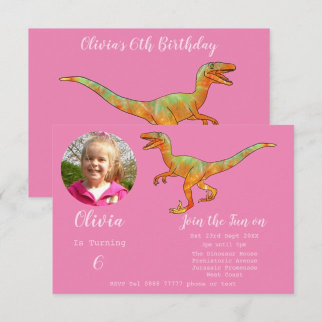 Invitación Cumpleaños de niñas dinosaurio Velociraptor fiesta (Anverso / Reverso)