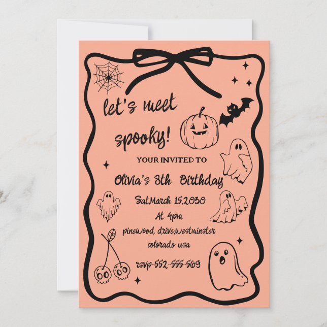 Invitación cumpleaños de niñas doodle de halloween temporada  (Anverso)