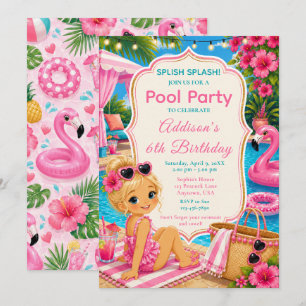 Invitación Cumpleaños de niñas fiesta de piscina rosa