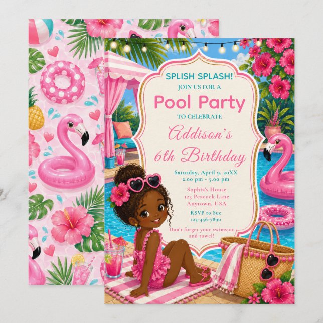 Invitación Cumpleaños de niñas fiesta de piscina rosa (Anverso / Reverso)