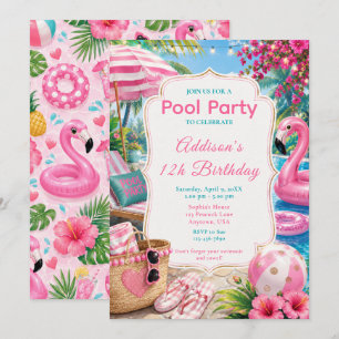 Invitación Cumpleaños de niñas fiesta de piscina rosa