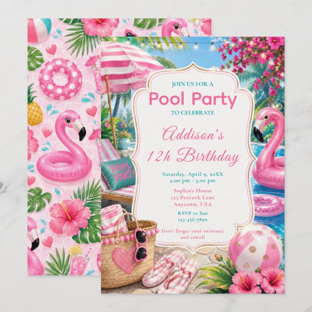 Invitación Cumpleaños de niñas fiesta de piscina rosa (Anverso / Reverso)