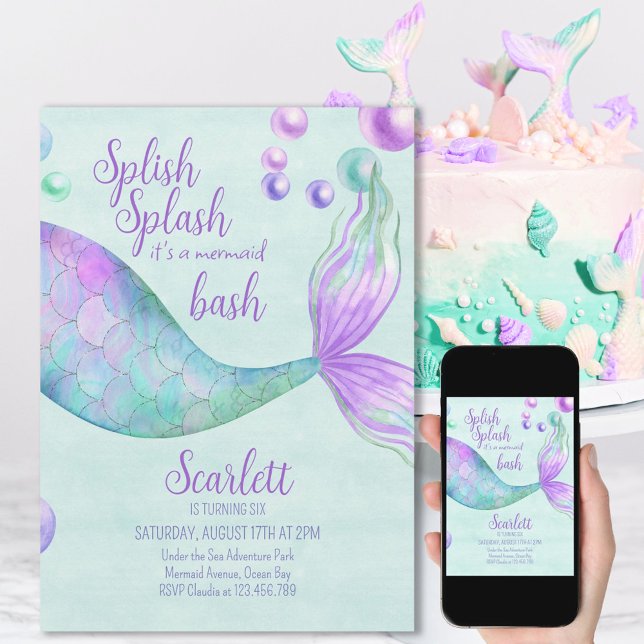 Invitación Cumpleaños de niñas Fiesta de Splash Mermaid Bash (Subido por el creador)