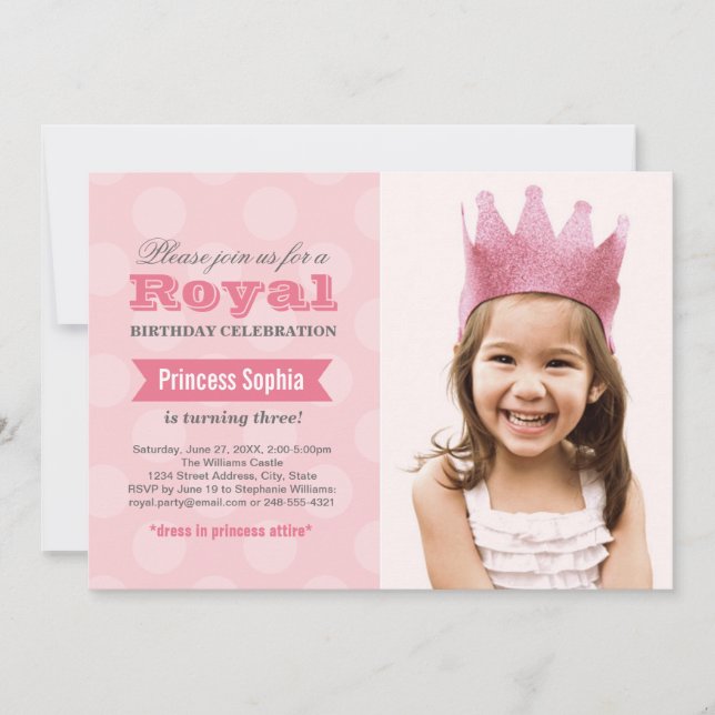 Invitación Cumpleaños de niñas foto princesa rosa real (Anverso)