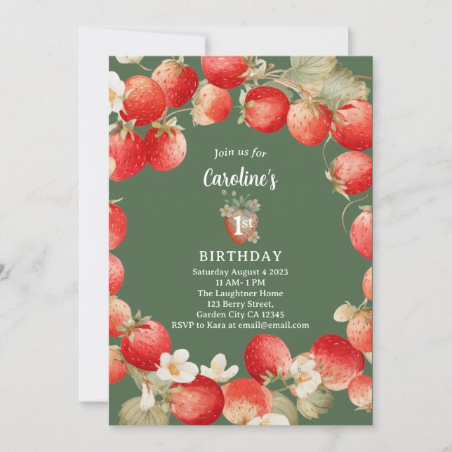 Invitación Cumpleaños de niñas fresa acuarela Berry primero (Anverso)