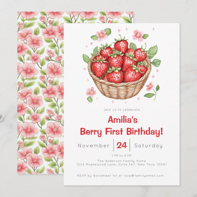 Invitación Cumpleaños de Niñas Fresa Fresca Primero  (Anverso / Reverso)