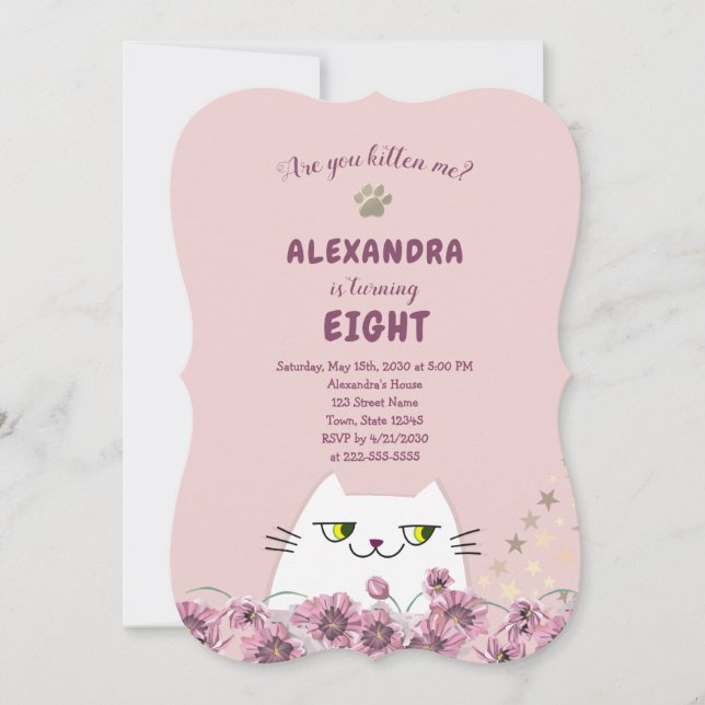 Invitación Cumpleaños de niñas gato lindo rosa (Anverso)