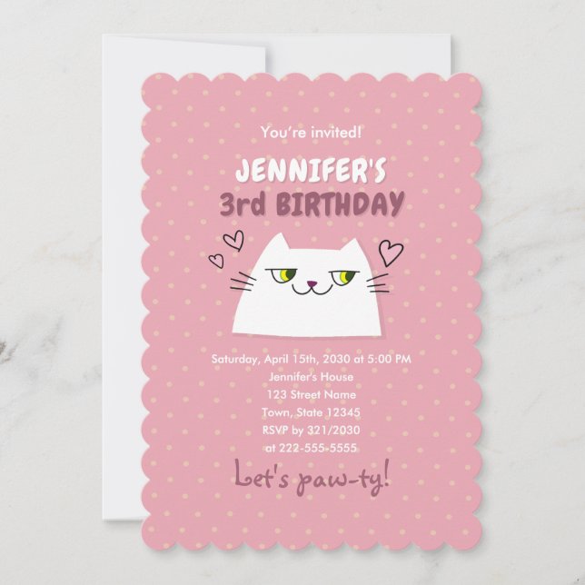 Invitación Cumpleaños de Niñas Gato Rosa Adorable (Anverso)
