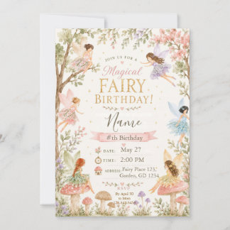 Invitación Cumpleaños de niñas hadas mágicas jardín floral