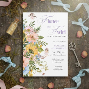 Invitación Cumpleaños de niñas hadas mágicas jardín floral pi