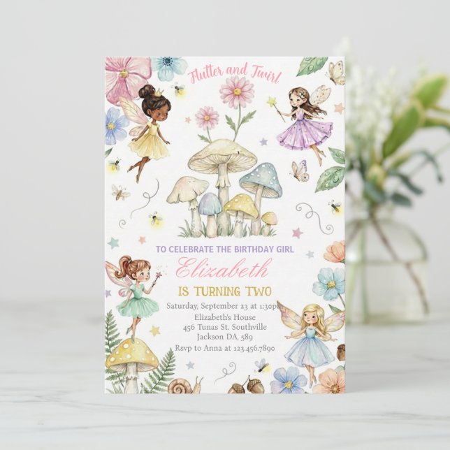 Invitación Cumpleaños de niñas Jardín de flores Princesa Hada (Anverso de pie)