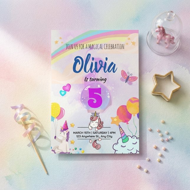 Invitación Cumpleaños de niñas mágicas Unicornio Arcoíris Pas (Subido por el creador)