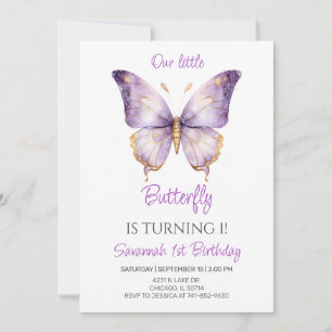 Invitación Cumpleaños de niñas mariposa morada linda 1er cump