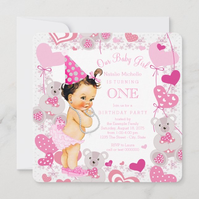 Invitación Cumpleaños de niñas ositos de peluche 1er cumpleañ (Anverso)
