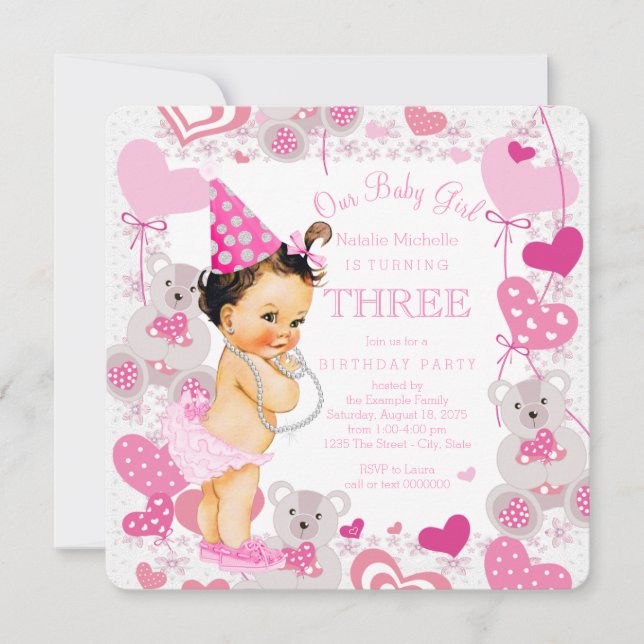 Invitación Cumpleaños de niñas ositos de peluche corazones ro (Anverso)