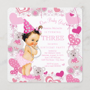 Invitación Cumpleaños de niñas ositos de peluche corazones ro