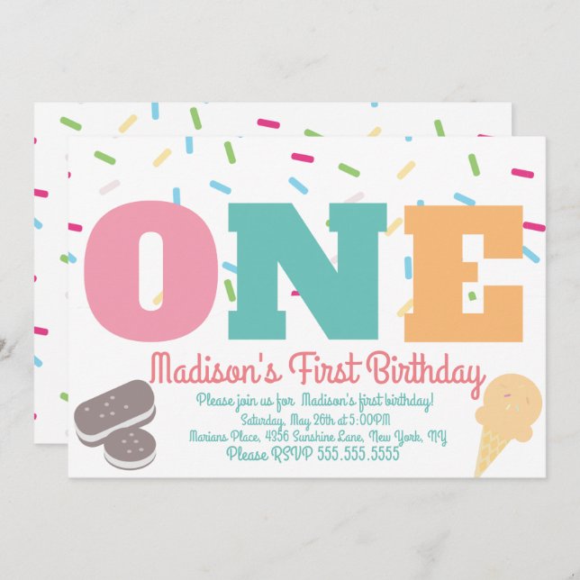 Invitación Cumpleaños de niñas pastel de sprinkles de helado (Anverso / Reverso)