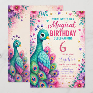 Invitación Cumpleaños de niñas Pavo Real Rosa