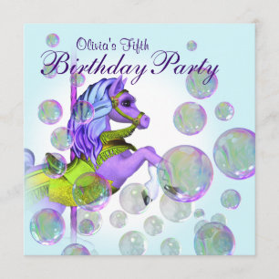 Invitación Cumpleaños de niñas Poni Carrusel Morado Burbujas