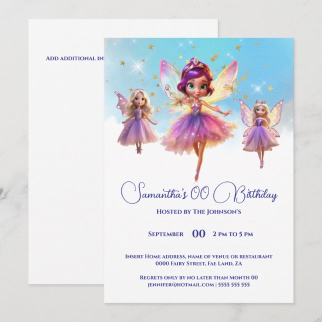 Invitación Cumpleaños de niñas princesas hadas  (Anverso / Reverso)