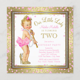 Invitación Cumpleaños de niñas señoritas 2 años rosa dorado