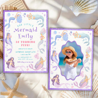 Invitación Cumpleaños de niñas sirena morada bajo el mar