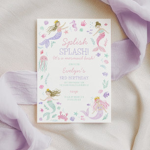 Invitación Cumpleaños de niñas sirena Splish Splash Morado