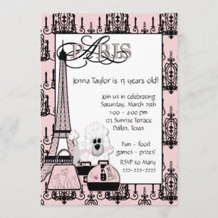 Invitación Cumpleaños de niñas tema Paris Poodle negro Rosa