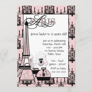 Invitación Cumpleaños de niñas tema Paris Poodle negro Rosa