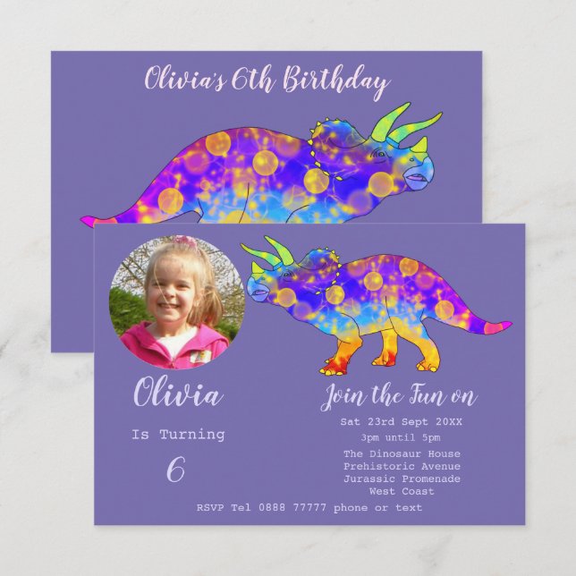 Invitación Cumpleaños de niñas Triceratops dinosaurio Foto mo (Anverso / Reverso)