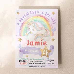 Invitación Cumpleaños de niñas Unicornio Arcoíris Pastel Púrp