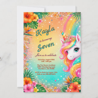 Invitación Cumpleaños de niñas Unicornio Arcoíris Tropical Fl