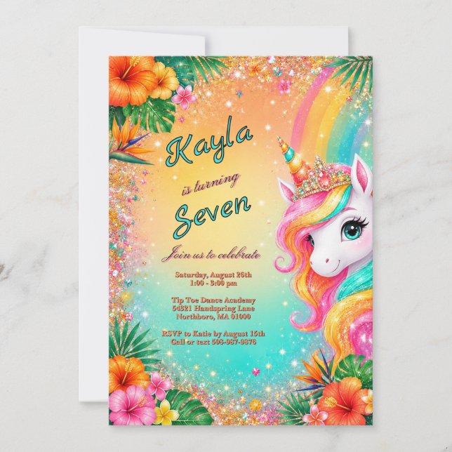 Invitación Cumpleaños de niñas Unicornio Arcoíris Tropical Fl (Anverso)