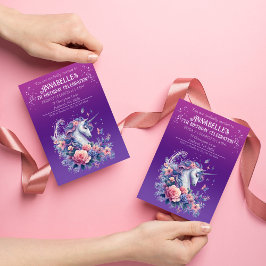 Invitación Cumpleaños de niñas Unicornio Bonito Rosa Púrpura 