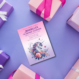 Invitación Cumpleaños de niñas Unicornio Bonito Rosa Púrpura 