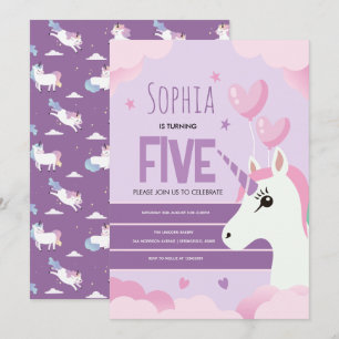 Invitación Cumpleaños de niñas Unicornio Morado Lindo Niños