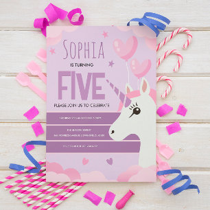 Invitación Cumpleaños de niñas Unicornio Morado Lindo Niños