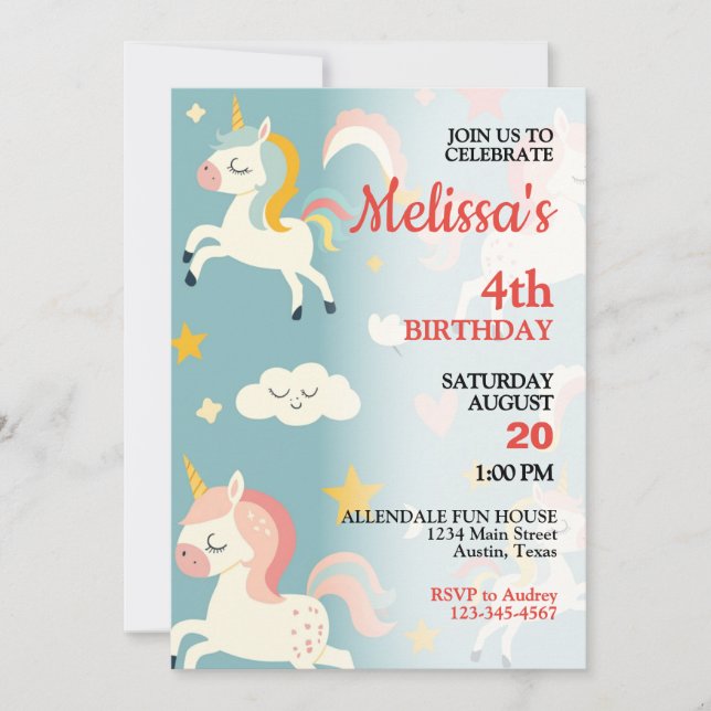 Invitación Cumpleaños de Niñas Unicornio y Arcoíris (Anverso)
