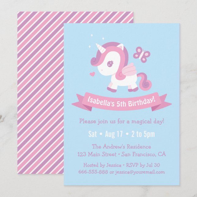 Invitación Cumpleaños de niñas unicornios mágicos voladores l (Anverso / Reverso)