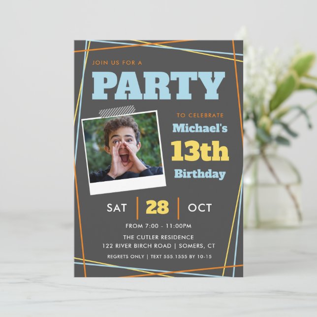 Invitación Cumpleaños de niño adolescente, de 13 años o cualq (Anverso de pie)