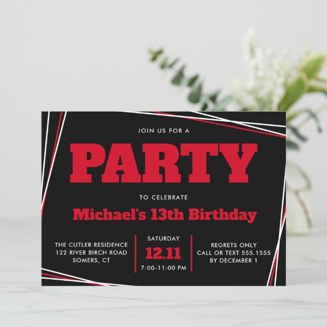 Invitación Cumpleaños de niño adolescente, de 13 años o cualq (Anverso de pie)