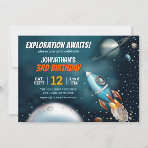 Invitación Cumpleaños de niño aventura espacial en cohete
