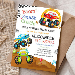 Invitación Cumpleaños de Niño Bash Boom Smash Crash Camión Mo